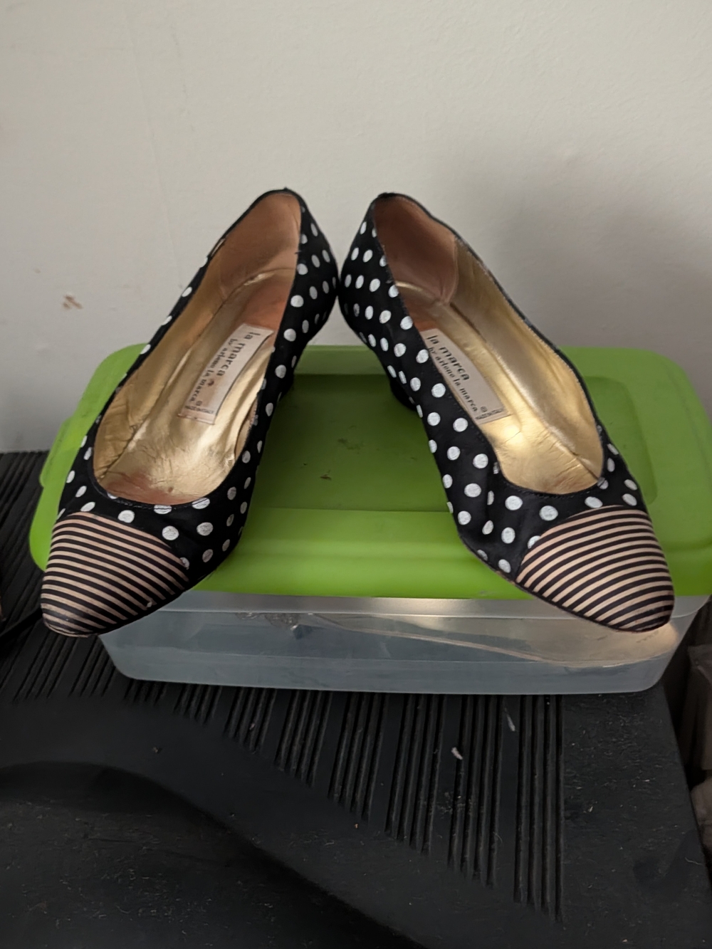 La Marca Black and White Polka Dot Pointed Toe Flats with Striped Toe